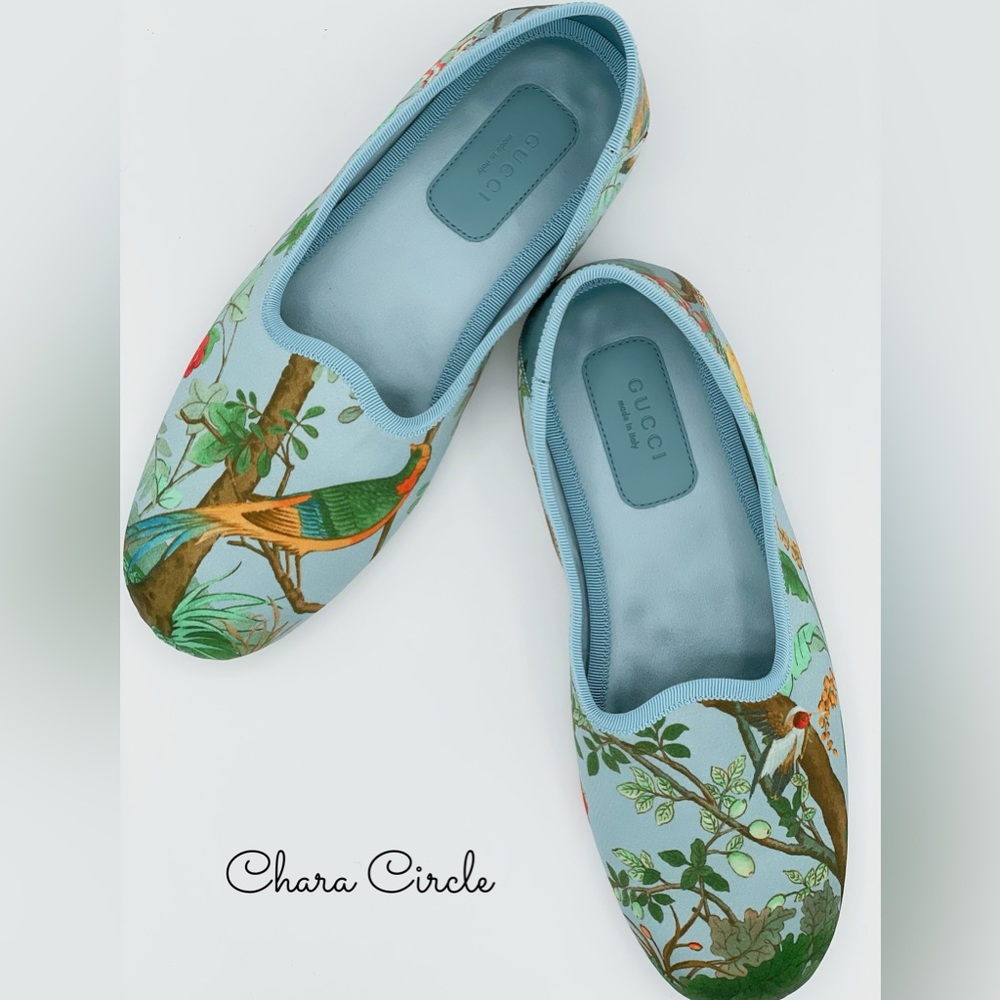 Nwb Gucci Voyage Eco Satin Blue Floral Slippers Shoes Sz 40